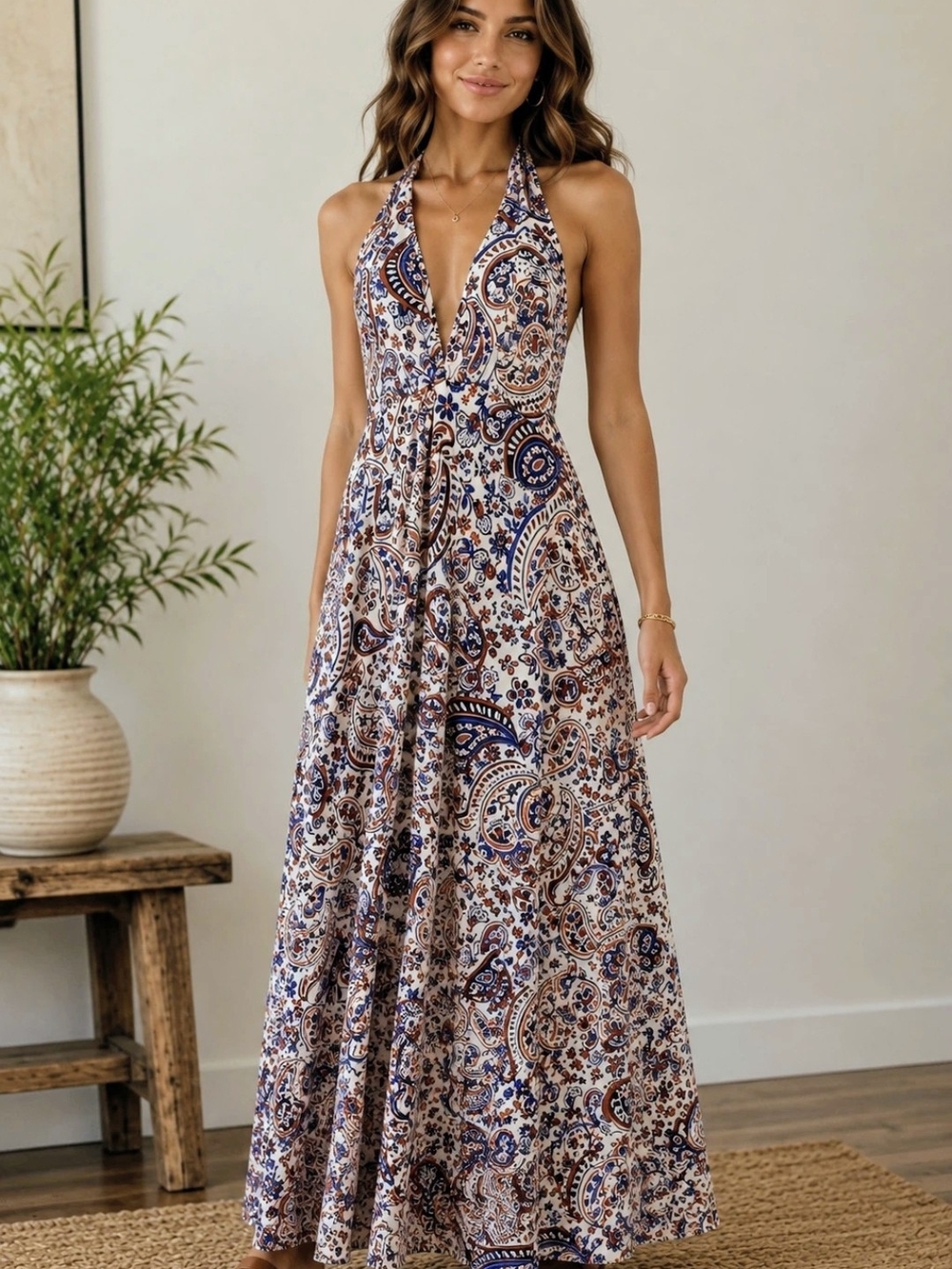 Vince Camuto Paisley Halter Maxi Dress in Cream, Navy & Brown Tones